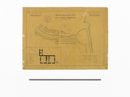 "Plan de l'écluse de Baye n°1 et de ses abords et dépendances". Plan général du site d'écluse et détail de la maison éclusière. (Plan aquarellé ; 41,5 x 30,5 cm, Archives VNF-direction territoriale Centre-Bourgogne ; subdivision de Corbigny) © Région Bourgogne-Franche-Comté, Inventaire du patrimoine