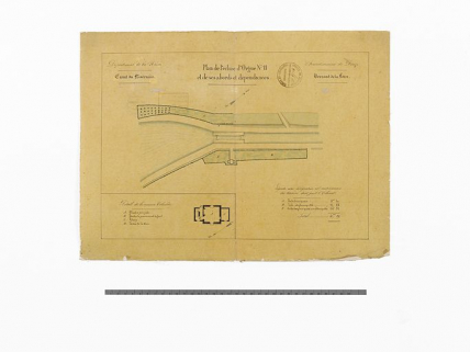 "Plan de l'écluse d'Orgue n°11 et de ses abords et dépendances". Plan général du site d'écluse et détail de la maison éclusière. (Plan aquarellé ; 41,5 x 30,5 cm, Archives VNF-direction territoriale Centre-Bourgogne ; subdivision de Corbigny) © Région Bourgogne-Franche-Comté, Inventaire du patrimoine