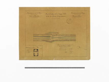 "Plan de l'écluse de la Seigne n°23 et de ses abords et dépendances". Plan général du site d'écluse et détail de la maison éclusière. (Archives VNF-direction territoriale Centre-Bourgogne ; subdivision de Corbigny) © Région Bourgogne-Franche-Comté, Inventaire du patrimoine