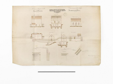 "Dessin d'une maison éclusière construite à l'écluse double de Chavance". Plan, coupe et élévation (avec détails de la cheminée et de la corniche). (Dessin ; 1854 ; 84 x 56,5 cm, Archives VNF-direction territoriale Centre-Bourgogne ; subdivision de … © Région Bourgogne-Franche-Comté, Inventaire du patrimoine
