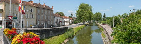 Alignement de platanes depuis le pont (IA71002493). La ville de part et d'autre. © Région Bourgogne-Franche-Comté, Inventaire du patrimoine