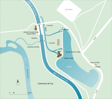Plan schématique du réseau hydraulique aux biefs 74 et 75 du versant Yonne et du moulin d'Arlot. © Région Bourgogne-Franche-Comté, Inventaire du patrimoine