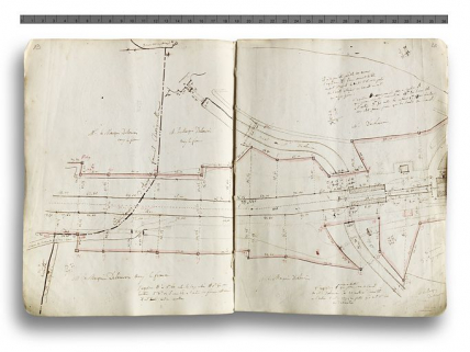 Pages 19 et 20 du 2ème cahier de "Bornage définitif du Canal Depuis la limite des Territoires de Ravières et Chassignelles jusqu'à la limite des Territoires de Pacy et Lezinnes". Détail du site d'écluse. © Région Bourgogne-Franche-Comté, Inventaire du patrimoine