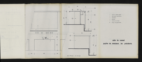 Carnet de détails et principes - salle du conseil :  pupitre des présidents, plan, coupe, élévations, 3 janvier 1979. Boyer, Michel (architecte d'intérieur) (Archives départementales de la Côte-d'Or, Dijon, 32 J 106) © CD21/F.PETOT/2014 Carnet de détails et principes - salle du conseil :  pupitre des présidents, plan, coupe, élévations, 3 janvier 1979. Boyer, Michel (architecte d'intérieur) (Archives départementales de la Côte-d'Or, Dijon, 32 J 106) © CD21/F.PETOT/2014