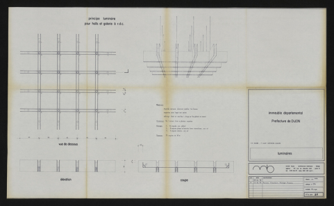 Elévation perspective, plan et coupe des luminaires, 15 février 1979. Boyer, Michel (architecte d'intérieur) (Archives départementales de la Côte-d'Or, Dijon, 32 J 106) © CD21/F.PETOT/2014 Elévation perspective, plan et coupe des luminaires, 15 février 1979. Boyer, Michel (architecte d'intérieur) (Archives départementales de la Côte-d'Or, Dijon, 32 J 106) © CD21/F.PETOT/2014