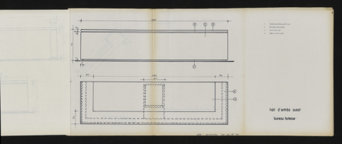 Carnet de détails et principes - hall d'entrée ouest : bureau des hôtesses, plan et élévation, 13 novembre 1978. Boyer, Michel (architecte d'intérieur) (Archives départementales de la Côte-d'Or, Dijon, 32 J 106) © CD21/F.PETOT/2014 Carnet de détails et principes - hall d'entrée ouest : bureau des hôtesses, plan et élévation, 13 novembre 1978. Boyer, Michel (architecte d'intérieur) (Archives départementales de la Côte-d'Or, Dijon, 32 J 106) © CD21/F.PETOT/2014