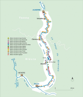 Carte générale schématique du canal du Nivernais avec la répartition des typologies de maisons éclusières. © Région Bourgogne-Franche-Comté, Inventaire du patrimoine