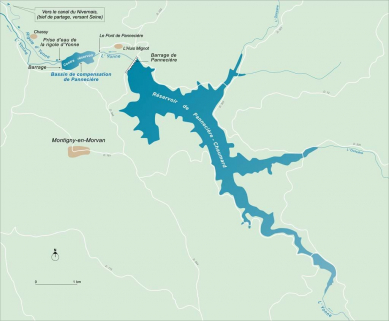 Carte schématique de l'ensemble du réservoir de Pannecière. © Région Bourgogne-Franche-Comté, Inventaire du patrimoine