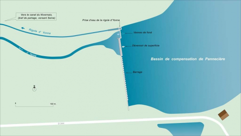 Carte schématique du bassin de compensation et de la prise d'eau de la rigole d'Yonne. © Région Bourgogne-Franche-Comté, Inventaire du patrimoine