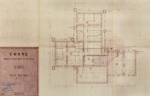 Opération de 32 logements, plan du soubassement, L. Robert et M. Guillaume, avril 1955. (Archives municipales Cosne-Cours-sur-Loire, 200 W 16 - PC 722) © Région Bourgogne-Franche-Comté, Inventaire du patrimoine