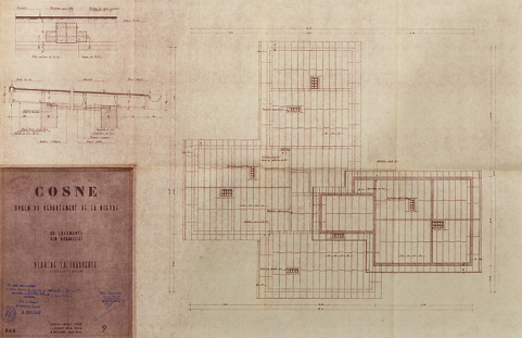 Opération de 32 logements, plan de la charpente, L. Robert et M. Guillaume, avril 1955. (Archives municipales Cosne-Cours-sur-Loire, 200 W 16 - PC 722) © Région Bourgogne-Franche-Comté, Inventaire du patrimoine