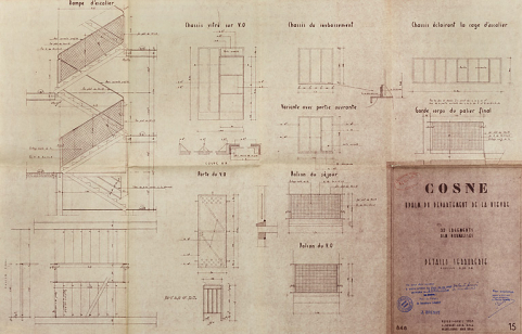 Opération de 32 logements, plans et élévations de détails de serrurerie, L. Robert et M. Guillaume, avril 1955. (Archives municipales Cosne-Cours-sur-Loire, 200 W 16 - PC 722) © Région Bourgogne-Franche-Comté, Inventaire du patrimoine