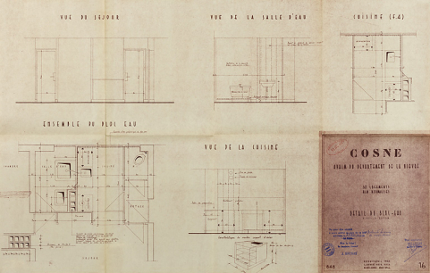 Opération de 32 logements, plans et élévations de détails du bloc-eau, L. Robert et M. Guillaume, avril 1955. (Archives municipales Cosne-Cours-sur-Loire, 200 W 16 - PC 722) © Région Bourgogne-Franche-Comté, Inventaire du patrimoine