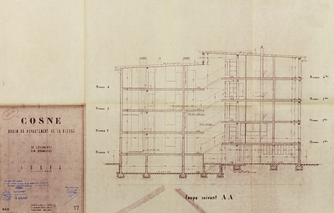 Opération de 32 logements, coupe, L. Robert et M. Guillaume, avril 1955. (Archives municipales Cosne-Cours-sur-Loire, 200 W 16 - PC 722) © Région Bourgogne-Franche-Comté, Inventaire du patrimoine