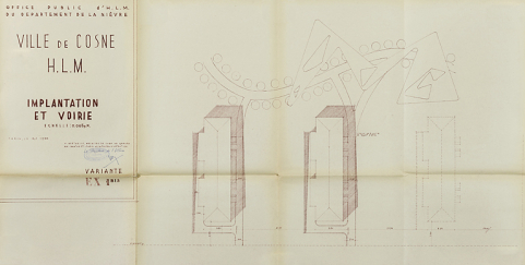 Ensemble de logements Cité Binot, plan d'implantation et de voirie, variante,  Berthelot, Charton, Louria, janvier 1955. (Archives municipales Cosne-Cours-sur-Loire, 200 W 5 - PC 238) © Région Bourgogne-Franche-Comté, Inventaire du patrimoine