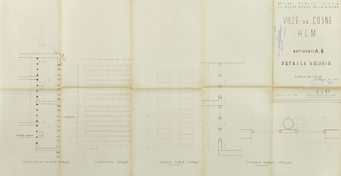 Ensemble de logements Cité Binot, détails des séchoirs, plans, élévation et coupes,  Berthelot, Charton, Louria, janvier 1955. (Archives municipales Cosne-Cours-sur-Loire, 200 W 5 - PC 238) © Région Bourgogne-Franche-Comté, Inventaire du patrimoine