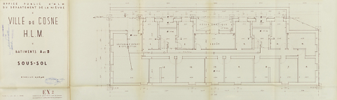 Ensemble de logements Cité Binot, bâtiments A et B, plan du sous-sol, Berthelot, Charton, Louria, janvier 1955. (Archives municipales Cosne-Cours-sur-Loire, 200 W 5 - PC 238) © Région Bourgogne-Franche-Comté, Inventaire du patrimoine