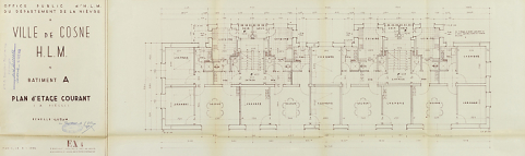 Ensemble de logements Cité Binot, bâtiment A, plan d'étage courant, Berthelot, Charton, Louria, janvier 1955. (Archives municipales Cosne-Cours-sur-Loire, 200 W 5 - PC 238) © Région Bourgogne-Franche-Comté, Inventaire du patrimoine