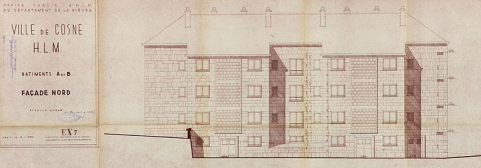 Ensemble de logements Cité Binot, bâtiments A et B, élévation de la façade postérieure nord, Berthelot, Charton, Louria, janvier 1955. (Archives municipales Cosne-Cours-sur-Loire, 200 W 5 - PC 238) © Région Bourgogne-Franche-Comté, Inventaire du patrimoine