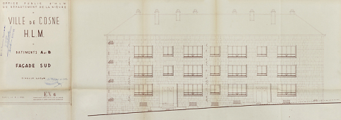 Ensemble de logements Cité Binot, bâtiments A et B, élévation de la façade antérieure sud, Berthelot, Charton, Louria, janvier 1955. (Archives municipales Cosne-Cours-sur-Loire, 200 W 5 - PC 238) © Région Bourgogne-Franche-Comté, Inventaire du patrimoine