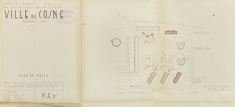 Ensemble de logements Cité Binot, plan de masse avec indication du programme de 1956, Berthelot, Charton, Louria, mars 1956. (Archives municipales Cosne-Cours-sur-Loire, 200 W 5 - PC 274) © Région Bourgogne-Franche-Comté, Inventaire du patrimoine