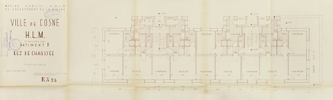 Ensemble de logements Cité Binot, bâtiment D, plan du rez-de-chaussée, Berthelot, Charton, Louria, mars 1956. (Archives municipales Cosne-Cours-sur-Loire, 200 W 5 - PC 274) © Région Bourgogne-Franche-Comté, Inventaire du patrimoine