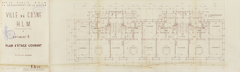 Ensemble de logements Cité Binot, bâtiment D, plan d'étage courant, Berthelot, Charton, Louria, mars 1956. (Archives municipales Cosne-Cours-sur-Loire, 200 W 5 - PC 274) © Région Bourgogne-Franche-Comté, Inventaire du patrimoine