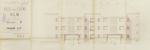 Ensemble de logements Cité Binot, bâtiment D, élévation de la façade antérieure est, Berthelot, Charton, Louria, mars 1956. (Archives municipales Cosne-Cours-sur-Loire, 200 W 5 - PC 274) © Région Bourgogne-Franche-Comté, Inventaire du patrimoine