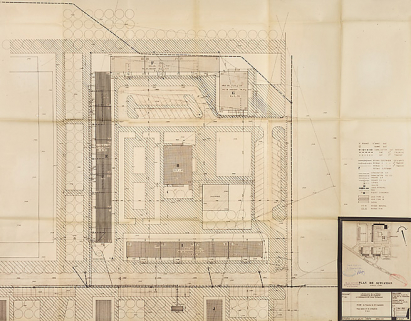 Bâtiment A à K : troisième tranche de 52 logements, bâtiments F et G, plan de masse et de situation ; L. Robert, G. Denise, mai 1965. (Archives municipales Cosne-Cours-sur-Loire, 200 W 20 - PC 821) © Région Bourgogne-Franche-Comté, Inventaire du patrimoine
