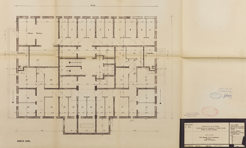 Bâtiment A à K : troisième tranche de 52 logements, bâtiment G, plan du sous-sol ; L. Robert, G. Denise, avril 1965. (Archives municipales Cosne-Cours-sur-Loire, 200 W 20 - PC 821) © Région Bourgogne-Franche-Comté, Inventaire du patrimoine