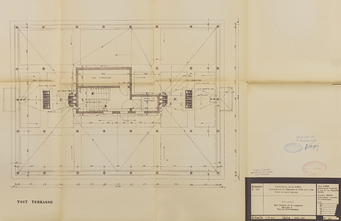 Bâtiment A à K : troisième tranche de 52 logements, bâtiment G, plan du toit-terrasse ; L. Robert, G. Denise, avril 1965. (Archives municipales Cosne-Cours-sur-Loire, 200 W 20 - PC 821) © Région Bourgogne-Franche-Comté, Inventaire du patrimoine