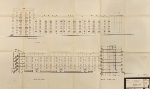Bâtiment A à K : troisième tranche de 52 logements, bâtiments F et G, élévations des façades nord et sud, coupes ; L. Robert, G. Denise, mai 1965. (Archives municipales Cosne-Cours-sur-Loire, 200 W 20 - PC 821) © Région Bourgogne-Franche-Comté, Inventaire du patrimoine