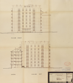 Bâtiment A à K : troisième tranche de 52 logements, bâtiments F et G, élévations des façades est et ouest, coupe ; L. Robert, G. Denise, mai 1965. (Archives municipales Cosne-Cours-sur-Loire, 200 W 20 - PC 821) © Région Bourgogne-Franche-Comté, Inventaire du patrimoine