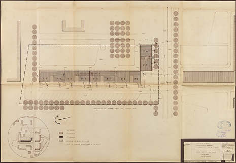 Bâtiment A à K : deuxième tranche, bâtiment E, plan de masse et de situation ; L. Robert, G. Denise, septembre 1962. (Archives municipales Cosne-Cours-sur-Loire, 200 W 12 - PC 592) © Région Bourgogne-Franche-Comté, Inventaire du patrimoine