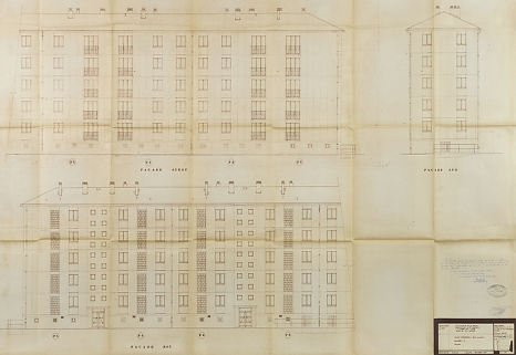 Bâtiment A à K : deuxième tranche, bâtiment E, élévations des façades ouest, est et sud ; L. Robert, G. Denise, septembre 1962. (Archives municipales Cosne-Cours-sur-Loire, 200 W 12 - PC 592) © Région Bourgogne-Franche-Comté, Inventaire du patrimoine