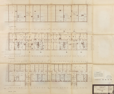 Bâtiment A à K : deuxième tranche, bâtiment E, plan du sous-sol, d'étage courant et des combles ; L. Robert, G. Denise, septembre 1962. (Archives municipales Cosne-Cours-sur-Loire, 200 W 12 - PC 592) © Région Bourgogne-Franche-Comté, Inventaire du patrimoine
