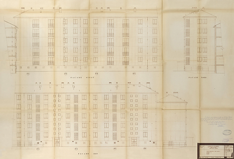 Bâtiment A à K : deuxième tranche, bâtiment E, élévations des façades ouest, est et nord ; L. Robert, G. Denise, septembre 1962. (Archives municipales Cosne-Cours-sur-Loire, 200 W 12 - PC 592) © Région Bourgogne-Franche-Comté, Inventaire du patrimoine