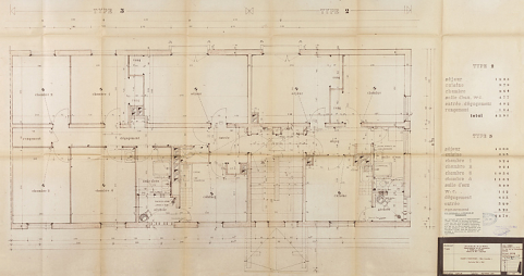 Bâtiment A à K : deuxième tranche, bâtiment E, plan de cellules T2 et T5 ; L. Robert, G. Denise, septembre 1962. (Archives municipales Cosne-Cours-sur-Loire, 200 W 12 - PC 592) © Région Bourgogne-Franche-Comté, Inventaire du patrimoine