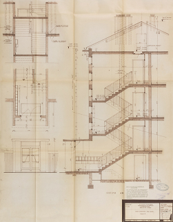 Bâtiment A à K : deuxième tranche, bâtiment E, plan, coupes et élévation de la cage d'escaliers ; L. Robert, G. Denise, septembre 1962. (Archives municipales Cosne-Cours-sur-Loire, 200 W 12 - PC 592) © Région Bourgogne-Franche-Comté, Inventaire du patrimoine