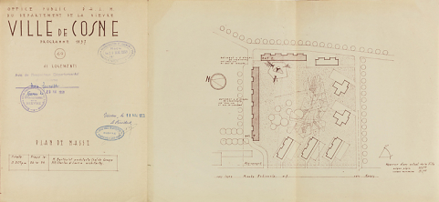 Ensemble de logements Cité Binot, plan de masse avec indication du programme de 1957, Berthelot, Charton, Louria, octobre 1956. (Archives municipales Cosne-Cours-sur-Loire, 200 W 8 - PC 415) © Région Bourgogne-Franche-Comté, Inventaire du patrimoine