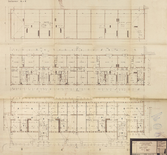 Bâtiment A à K : première tranche de 48 logements, bâtiments A et C, plans du sous-sol, d'étage courant et des combles ; L. Robert, G. Denise, décembre 1961. (Archives municipales Cosne-Cours-sur-Loire, 200 W 11 - PC 542) © Région Bourgogne-Franche-Comté, Inventaire du patrimoine