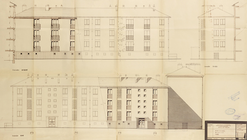Bâtiment A à K : première tranche de 48 logements, bâtiments A et C, élévations des façades ouest, est et nord ; L. Robert, G. Denise, décembre 1961. (Archives municipales Cosne-Cours-sur-Loire, 200 W 11 - PC 542) © Région Bourgogne-Franche-Comté, Inventaire du patrimoine