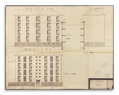 Bâtiment A à K : première tranche de 48 logements, bâtiment D, élévations des façades sud, nord et est ; L. Robert, G. Denise, décembre 1961. (Archives municipales Cosne-Cours-sur-Loire, 200 W 11 - PC 542) © Région Bourgogne-Franche-Comté, Inventaire du patrimoine