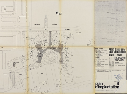 Opération de 132 logements : plan d'implantation ; F. Martin Lavigne, D. Chenut, O. Senly, août 1979. (Archives municipales Cosne-Cours-sur-Loire, 200 W 115 - PC 684) © Région Bourgogne-Franche-Comté, Inventaire du patrimoine