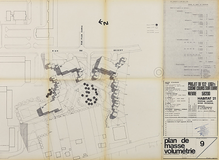 Opération de 132 logements : plan de masse et volumétrie ; F. Martin Lavigne, D. Chenut, O. Senly, août 1979. (Archives municipales Cosne-Cours-sur-Loire, 200 W 115 - PC 684) © Région Bourgogne-Franche-Comté, Inventaire du patrimoine