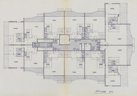 Opération de 132 logements : plan du troisième étage des immeubles ; F. Martin Lavigne, D. Chenut, O. Senly, septembre 1979. (Archives municipales Cosne-Cours-sur-Loire, 200 W 115 - PC 684) © Région Bourgogne-Franche-Comté, Inventaire du patrimoine