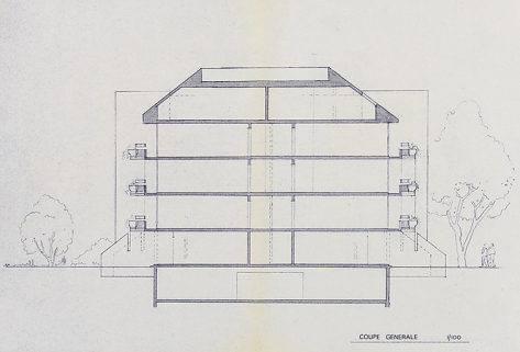 Opération de 132 logements : coupe générale des immeubles ; F. Martin Lavigne, D. Chenut, O. Senly, septembre 1979. (Archives municipales Cosne-Cours-sur-Loire, 200 W 115 - PC 684) © Région Bourgogne-Franche-Comté, Inventaire du patrimoine