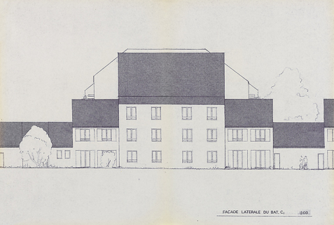 Opération de 132 logements : façade latérale du bâtiment C ; F. Martin Lavigne, D. Chenut, O. Senly, septembre 1979. (Archives municipales Cosne-Cours-sur-Loire, 200 W 115 - PC 684) © Région Bourgogne-Franche-Comté, Inventaire du patrimoine