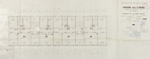 Opération de 226 logements : bâtiment B1, plan d'étage courant ; J. Louria, F. Sonnet, mars 1970. (Archives municipales Cosne-Cours-sur-Loire, 200 W 117 - PC 1015) © Région Bourgogne-Franche-Comté, Inventaire du patrimoine