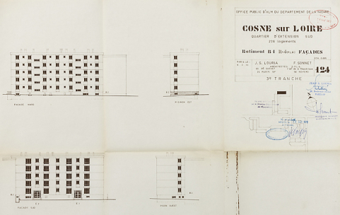 Opération de 226 logements : bâtiment B1, élévations des façades ; J. Louria, F. Sonnet, mars 1970. (Archives municipales Cosne-Cours-sur-Loire, 200 W 117 - PC 1015) © Région Bourgogne-Franche-Comté, Inventaire du patrimoine